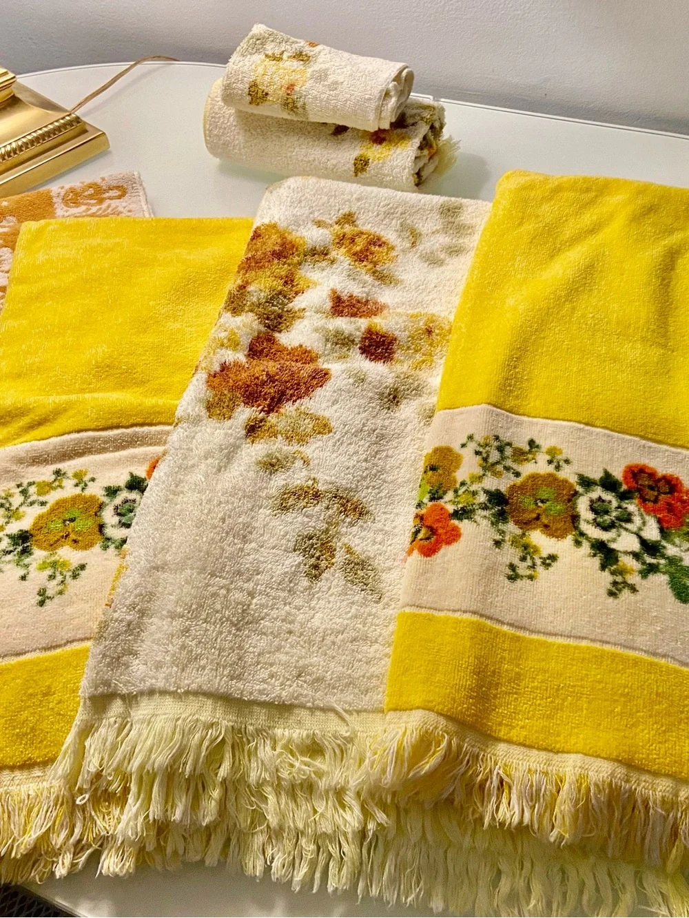 Vintage Flowered & Fringed Bath Towels